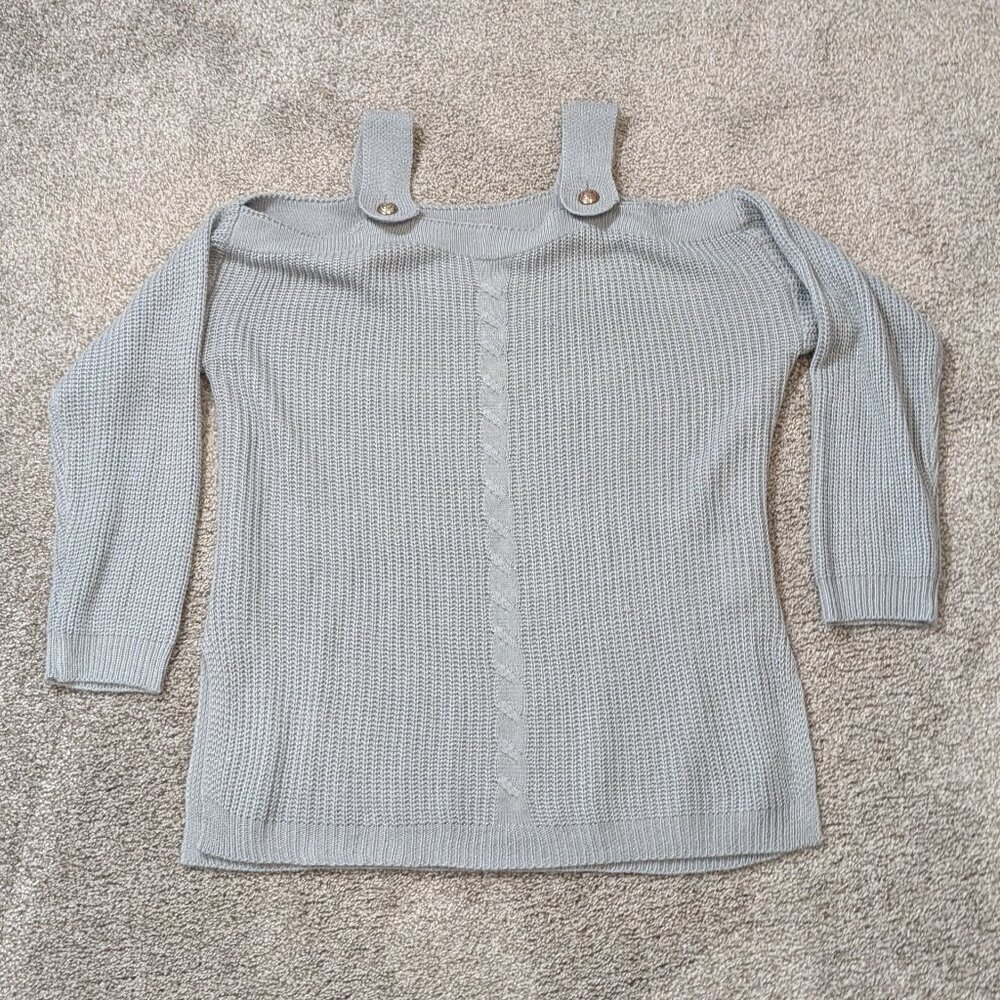 SHEIN Gray Cold Shoulder Pullover Sweater; 3/4 Sleeves; Size L